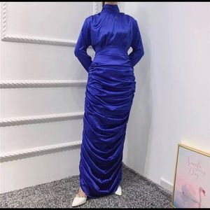 Blue satin pleated maxi dress